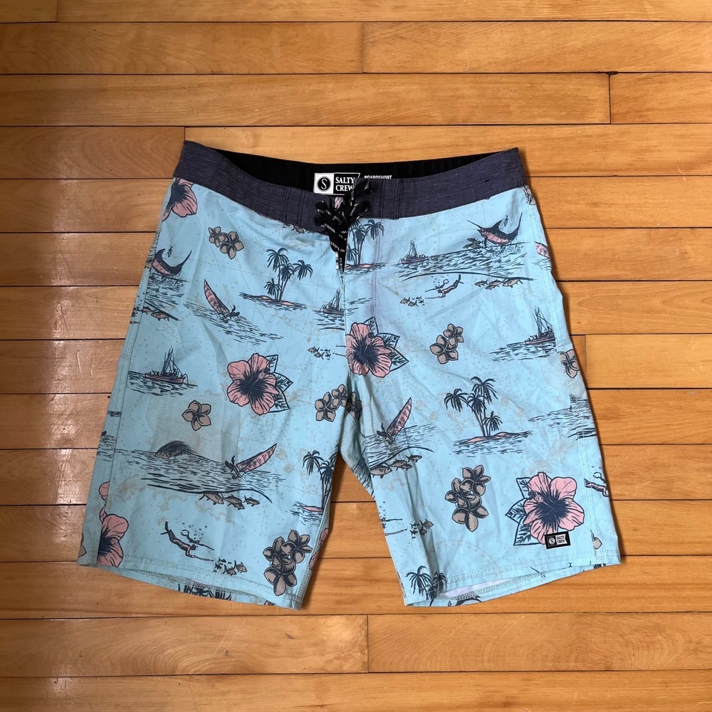 Salty Crew Mens 30 Boardshorts Light Blue Tropical Marlin Fishing Surf Shorts